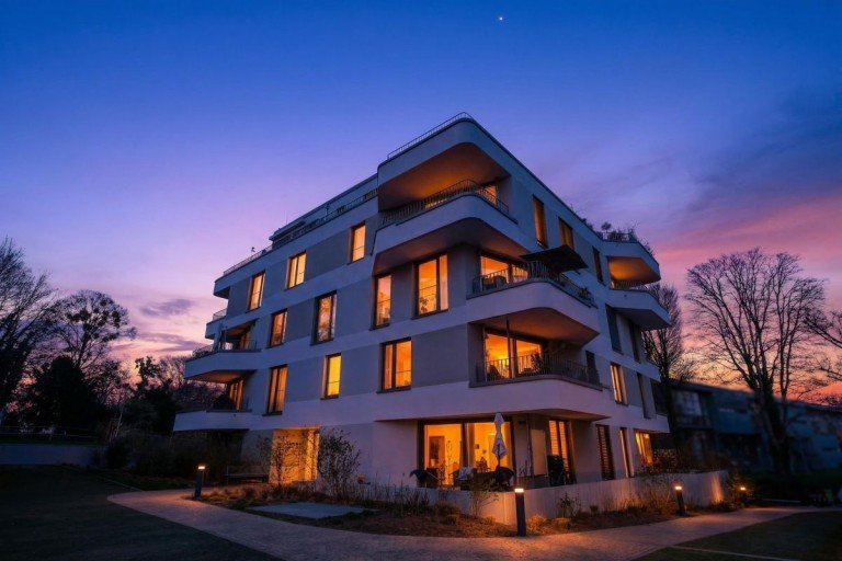 Au�enansicht Abendd�mmerung Stuttgart Etagenwohnung Hochwertiges Wohnen in der Villa Berg Balkon & TG